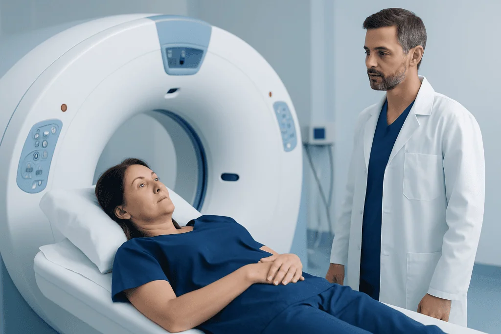 Patient undergoing a CT scan in a hospital setting.