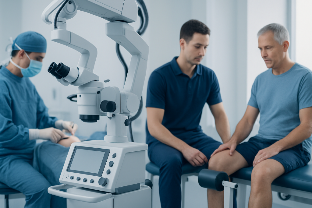 Medical team performing knee examination with advanced equipment at Acibadem Hospital.