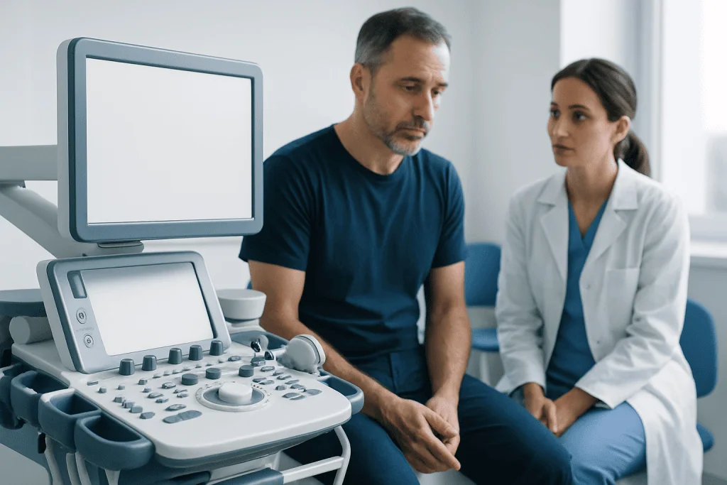 Urologist consulting with patient using ultrasound device at clinic.