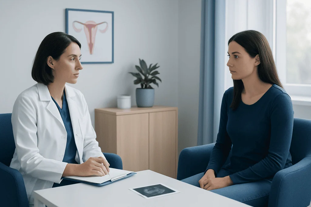 Doctor consulting with patient in a medical office setting.