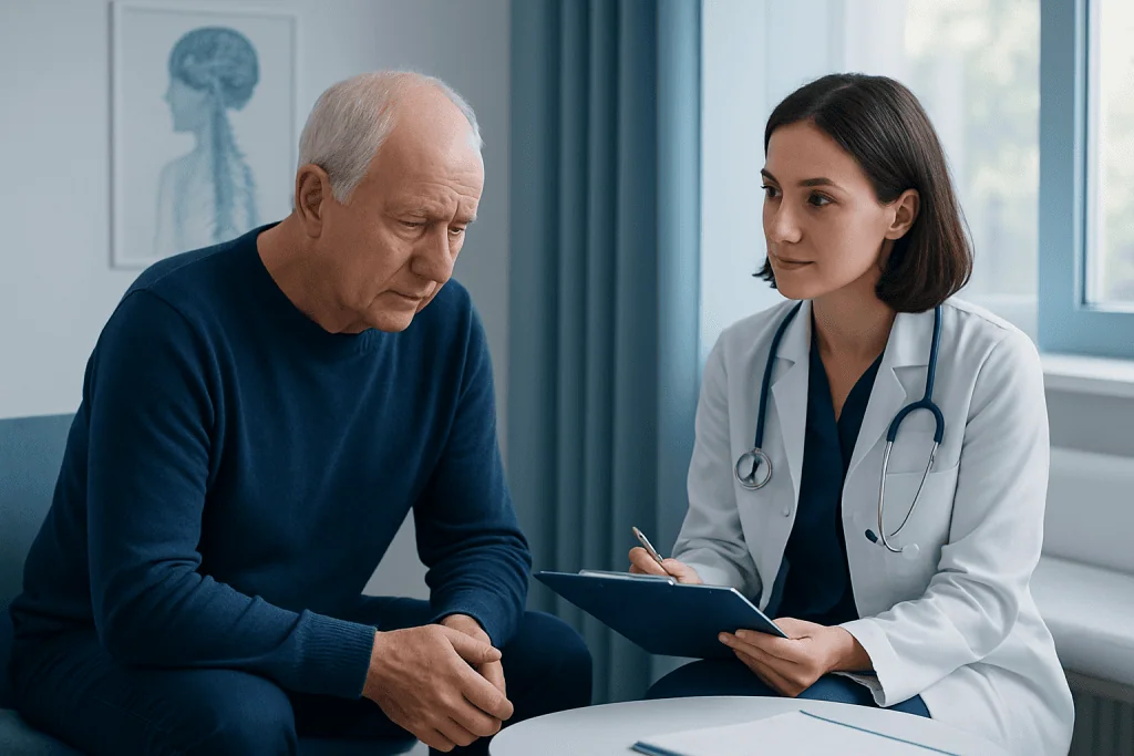 Doctor consulting elderly patient in a medical office setting.