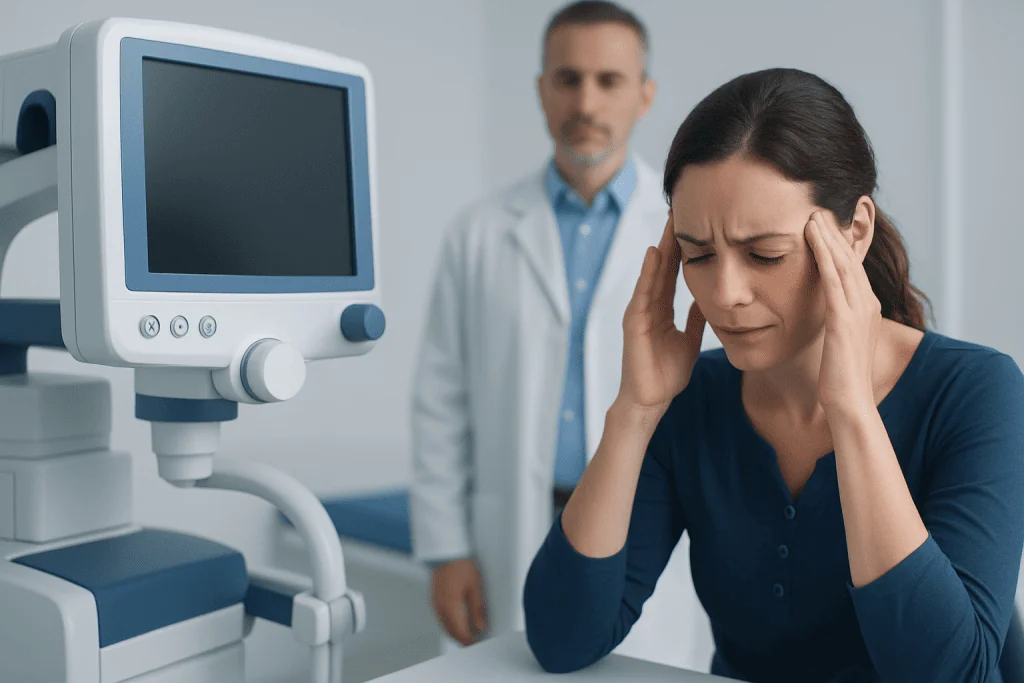 Woman with headache in a medical examination room at Acibadem Hospitals.