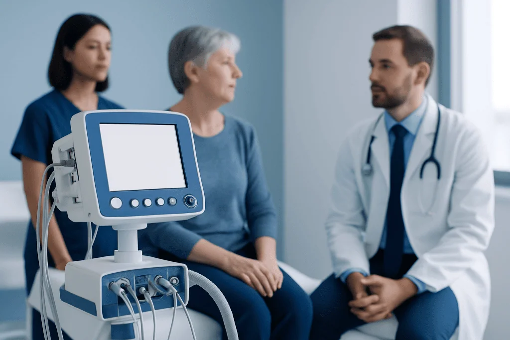 Doctor consulting with elderly patient and assistant in hospital room.