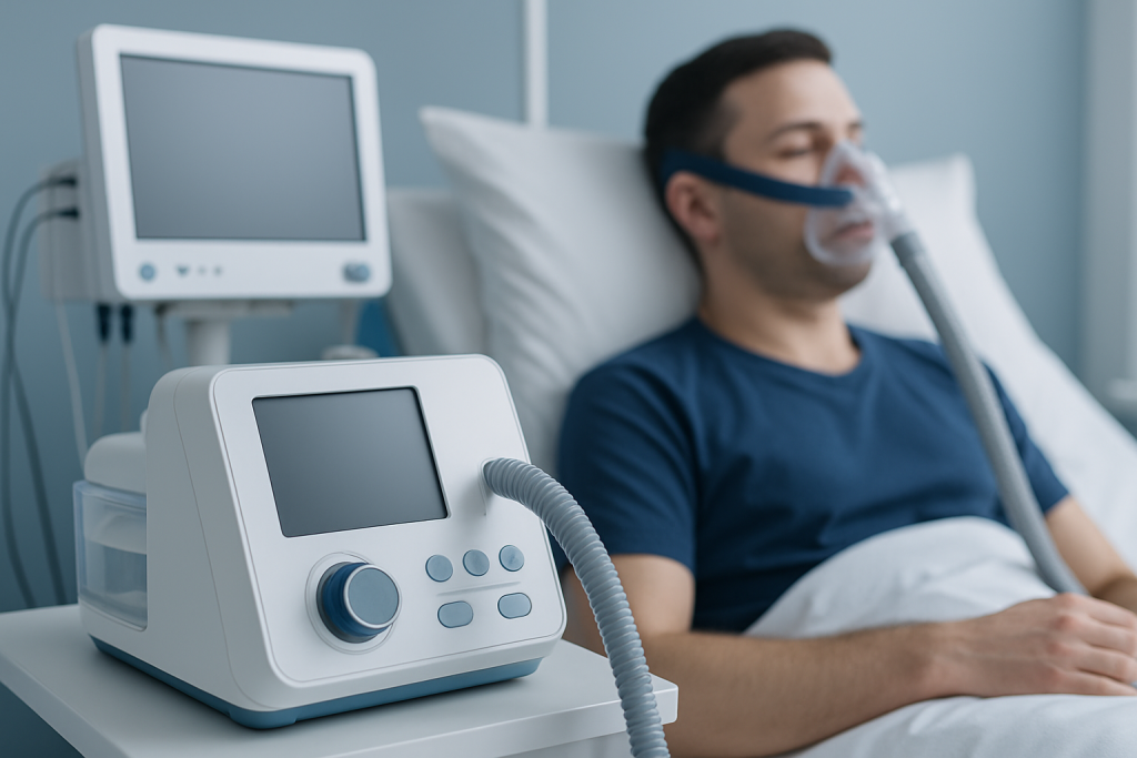 Patient using CPAP machine in hospital bed for sleep therapy.