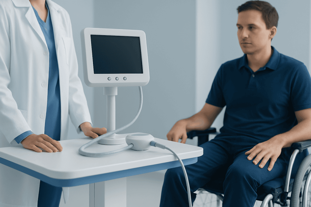 Patient undergoing nerve stimulation therapy for spasticity treatment at Acibadem Hospital.