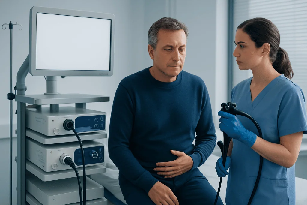 Doctor explaining colonoscopy procedure to patient in clinic.