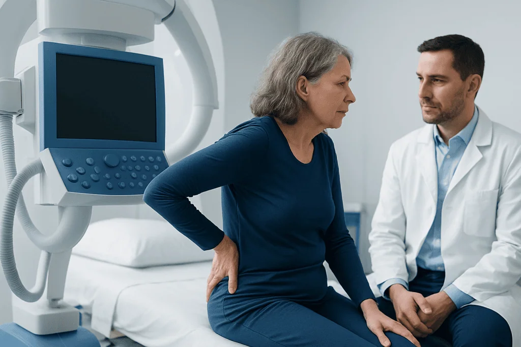 Doctor consulting with an elderly woman patient in a hospital room.