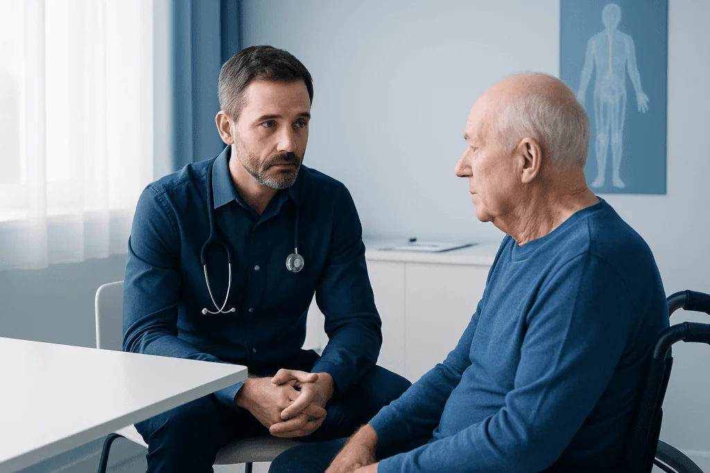 Doctor consulting with elderly patient in a medical office.