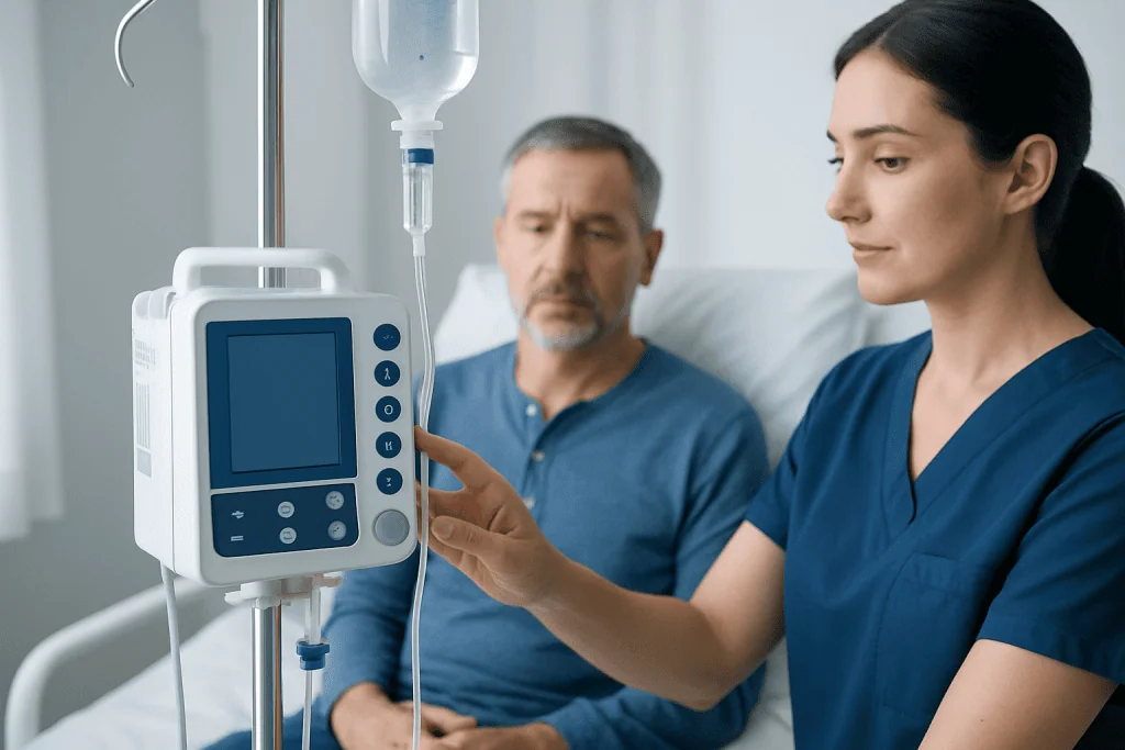 Healthcare professional adjusting IV infusion pump in hospital room.