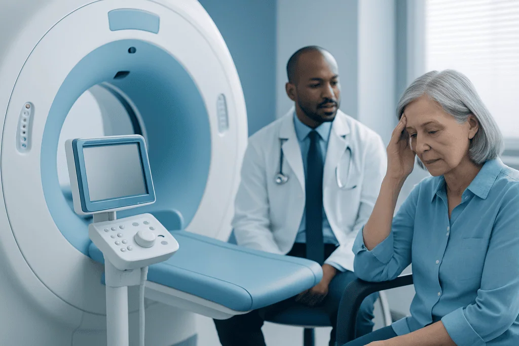 Patient undergoing neuropsychological testing with MRI scan in the background.