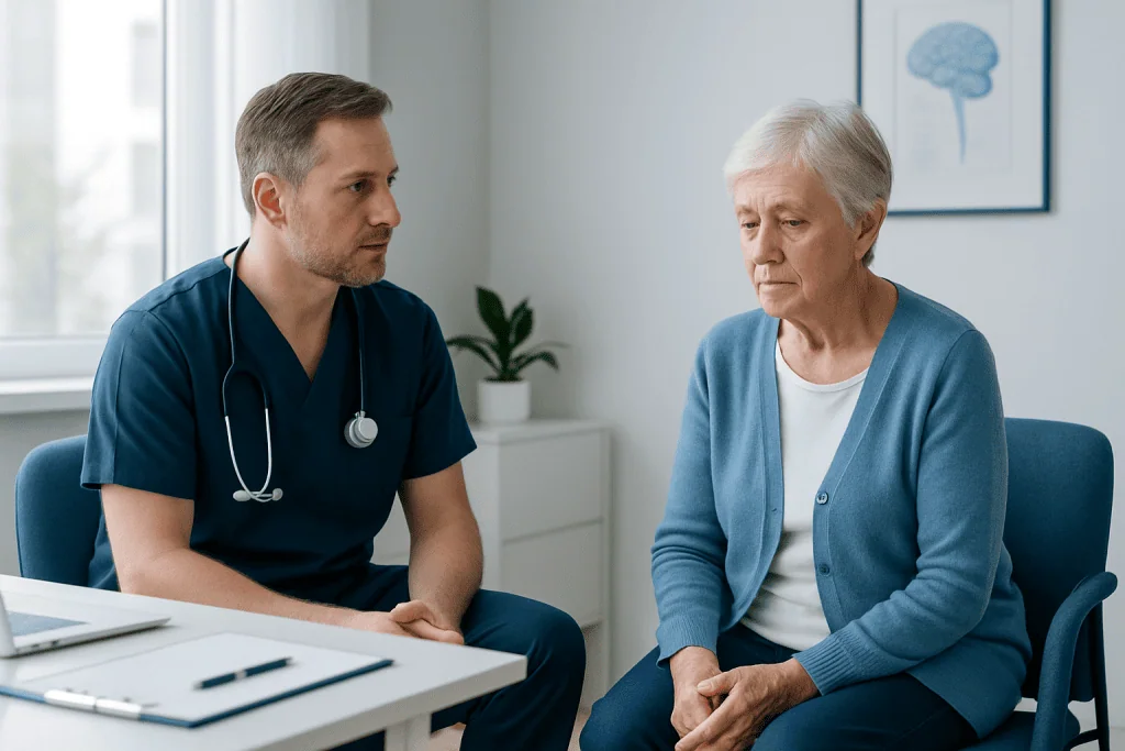 Doctor consulting an elderly woman about neurodegenerative diseases.