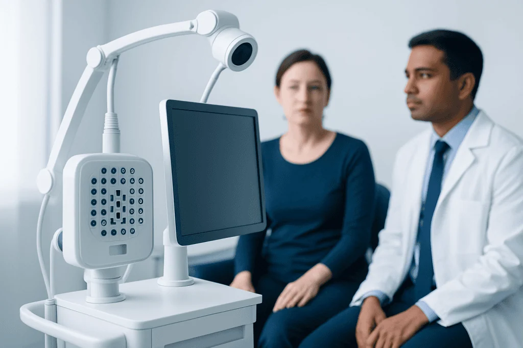 Doctor and patient in a medical consultation with diagnostic equipment.
