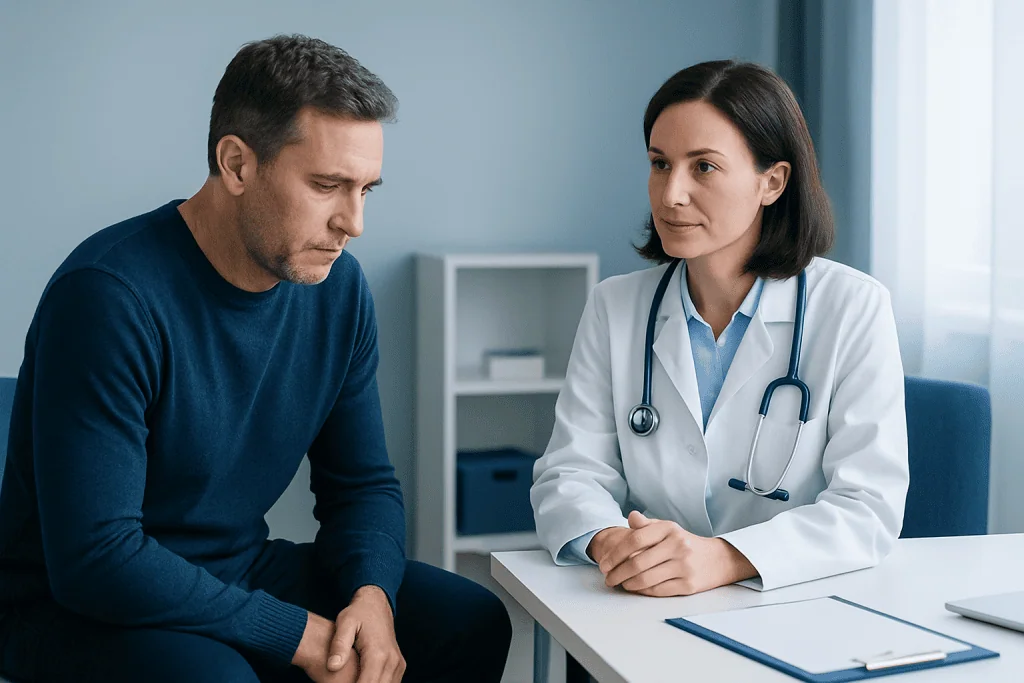 Doctor consulting male patient in a medical office setting.