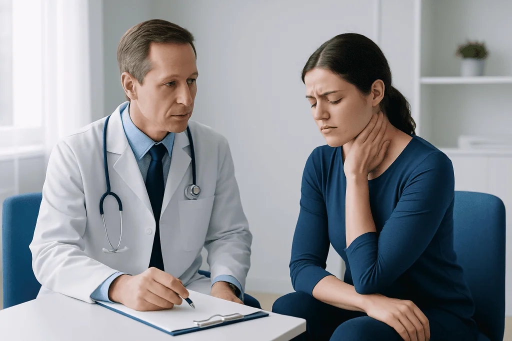 Doctor consulting with a woman patient about neck pain.