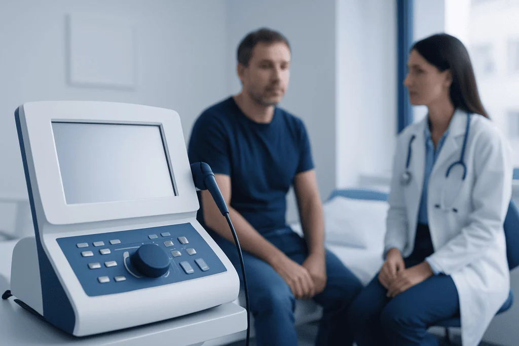 Medical consultation with an ultrasound device in a hospital room.