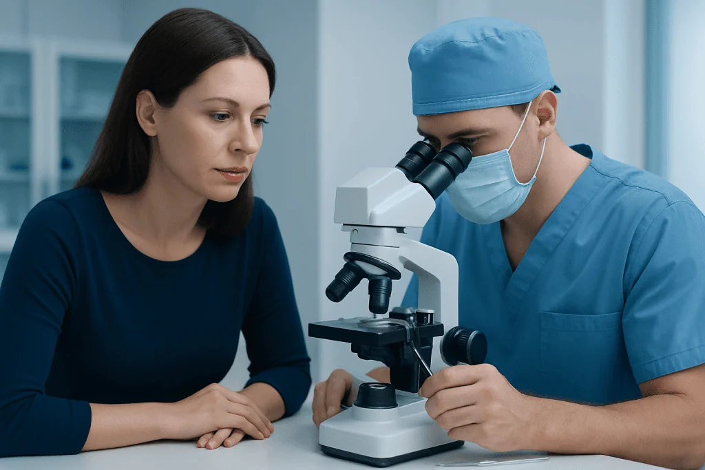 Doctor examining a patient with a microscope at Acibadem Hospital.