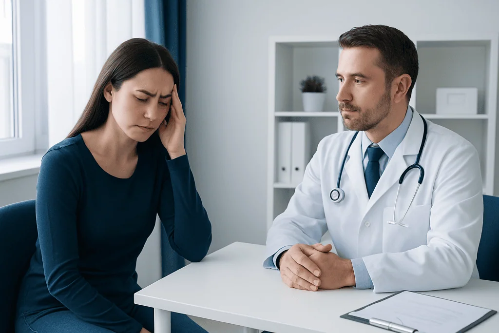 Doctor consulting with a woman experiencing headache symptoms in a clinical setting.