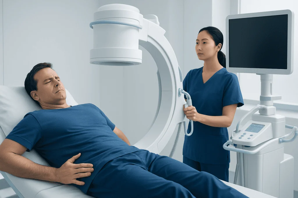 Patient undergoing spinal imaging at Acibadem Hospital.