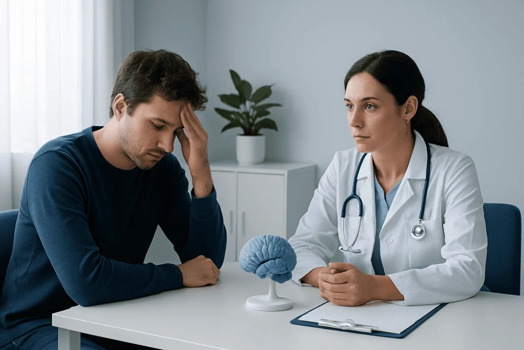 Doctor explaining neurological issues to a patient with a brain model.