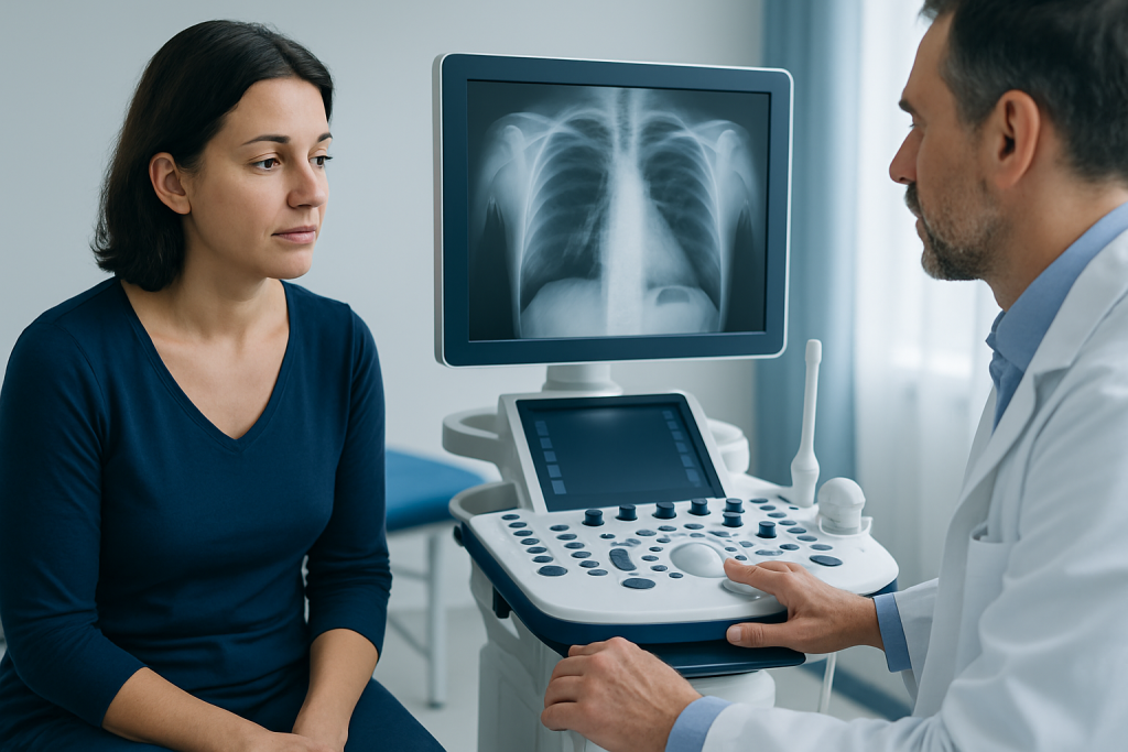Doctor explaining lung X-ray to patient in medical consultation room.
