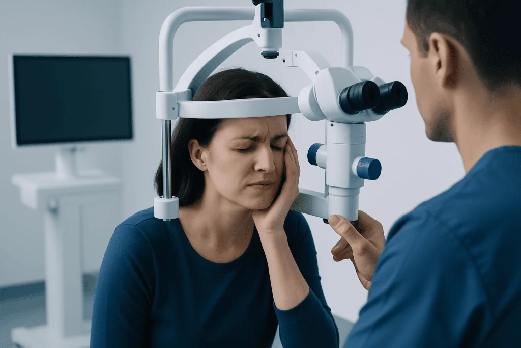 Patient undergoing eye examination with a slit lamp at Acibadem Hospital.