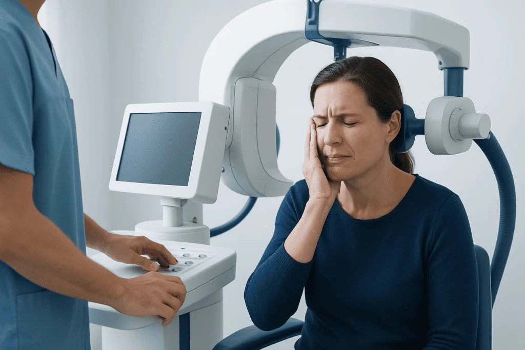 Woman undergoing neuromodulation treatment for facial pain at Acibadem Hospital.