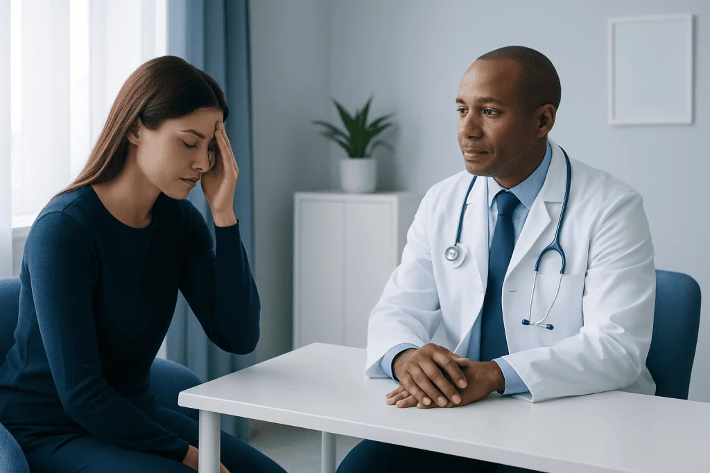 Doctor consulting with a woman experiencing headache symptoms in a medical office.