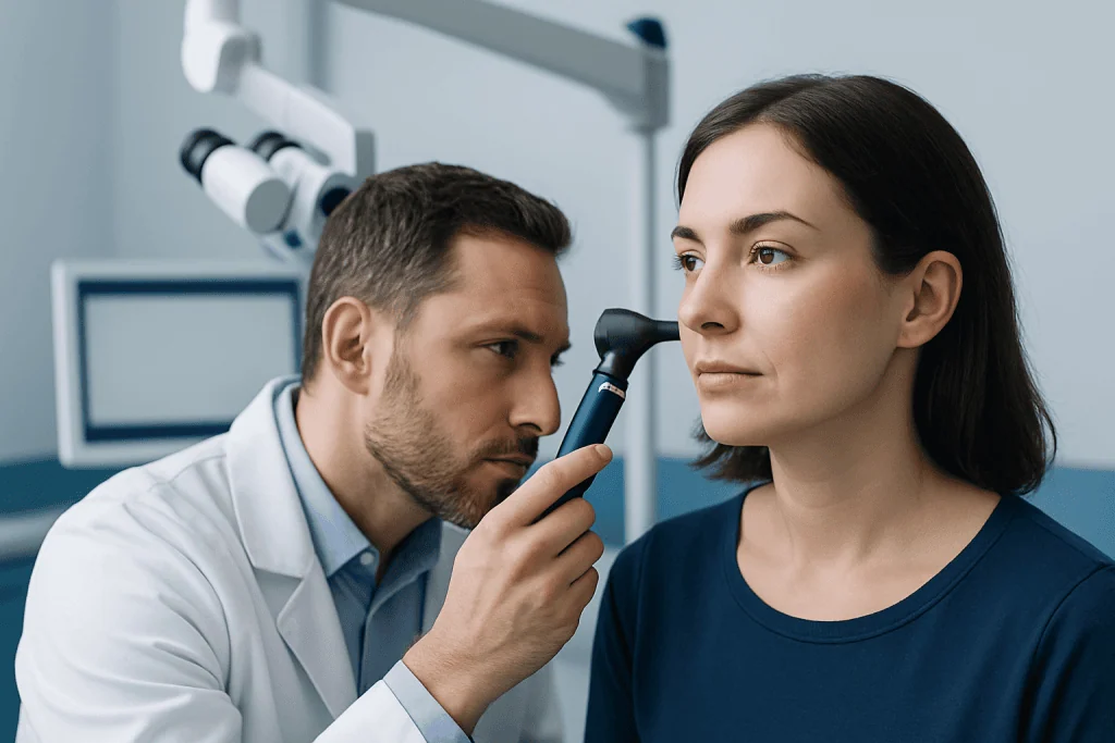 ENT doctor examining patient's ear with otoscope in clinic.