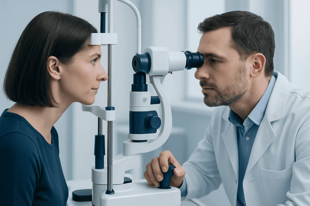 Ophthalmologist examining a patient's eyes with a slit lamp.