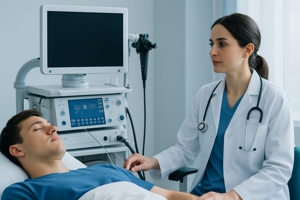 Doctor examining patient in hospital bed with medical equipment nearby.