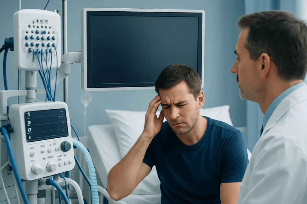 Young man experiencing headache in a hospital room with medical equipment.