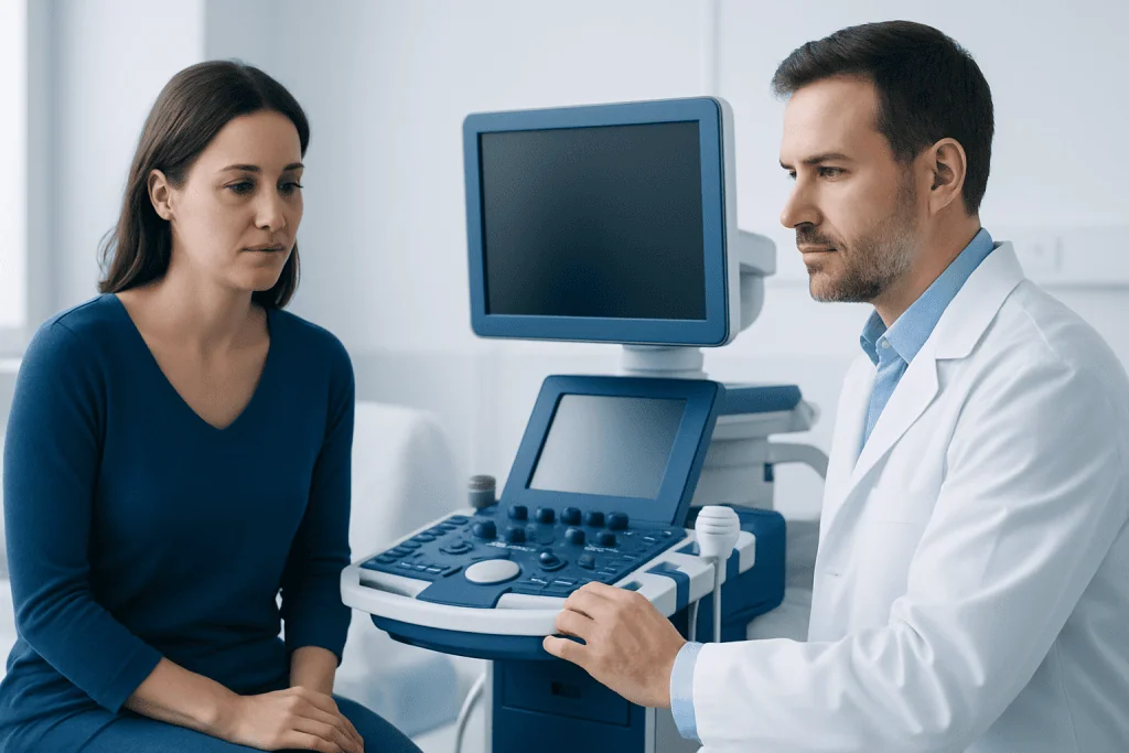 Doctor explaining medical results to a patient in a clinical setting.