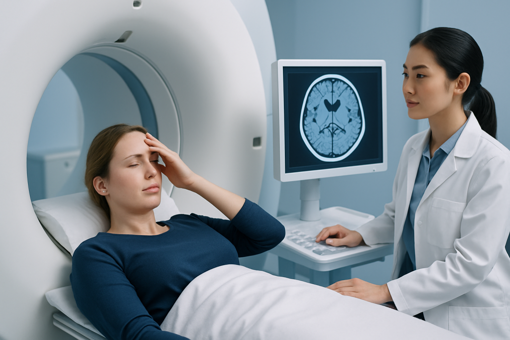 Patient undergoing brain MRI scan for migraine evaluation at Acibadem Hospital.
