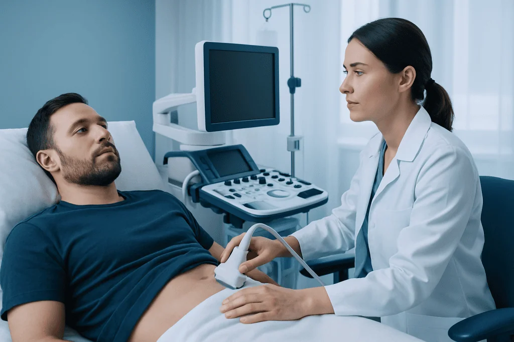 Doctor performing liver ultrasound on male patient in hospital.