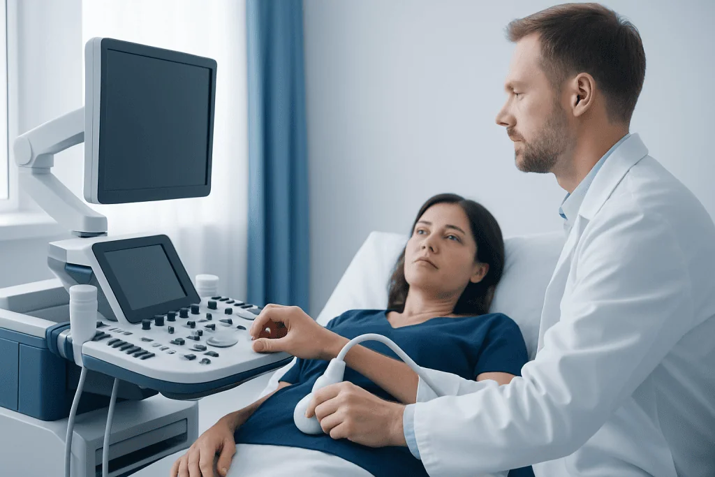 Doctor performing ultrasound exam on patient in hospital room.