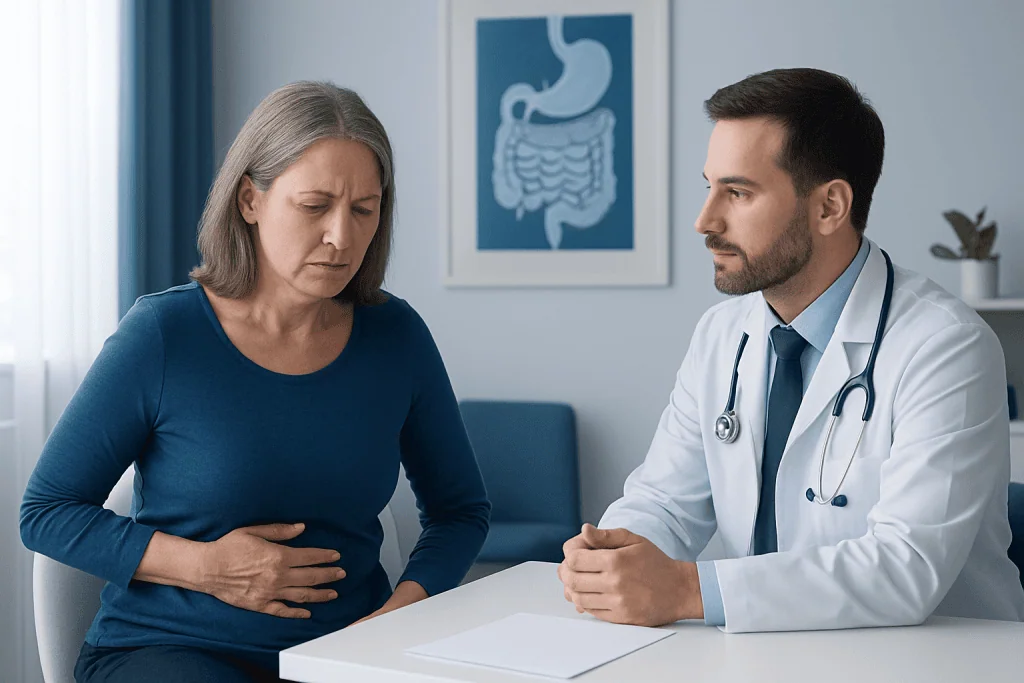 Doctor consulting with a woman experiencing digestive discomfort in a medical office.