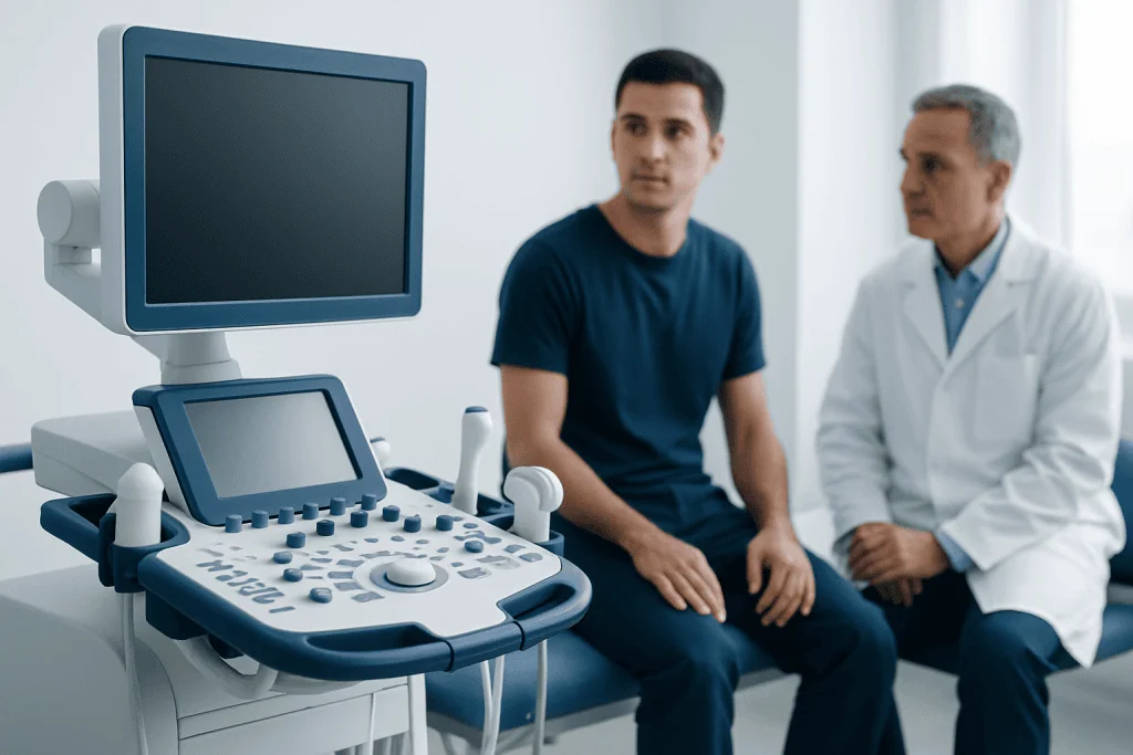 Doctor and patient in a medical consultation room with ultrasound equipment.