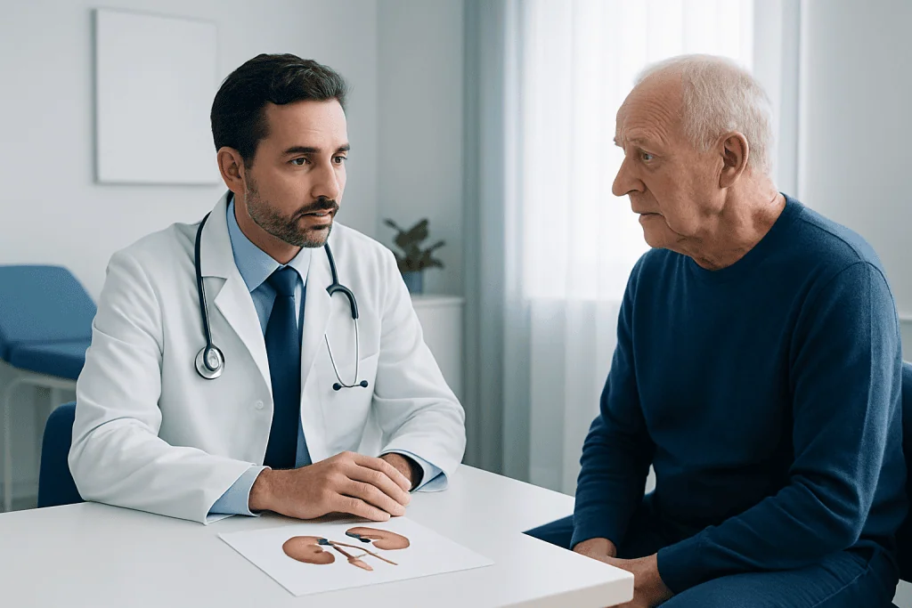 Doctor consulting with elderly patient in a medical office.