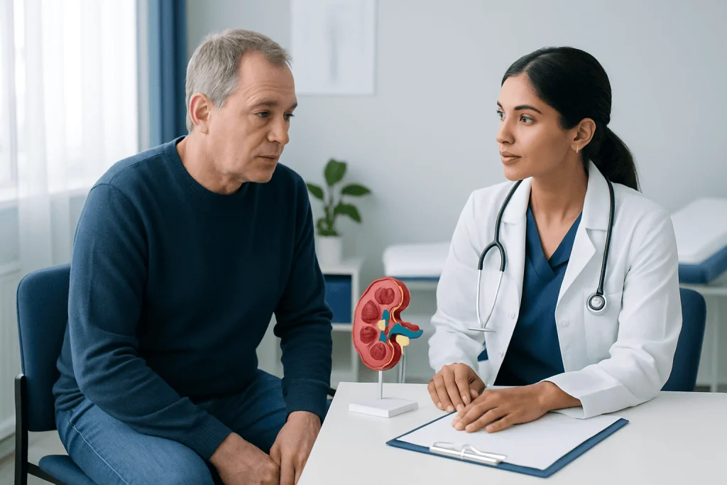 Doctor explaining kidney health to patient in clinic setting.