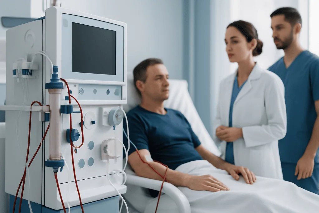 Patient in hospital bed connected to dialysis machine with medical staff nearby.