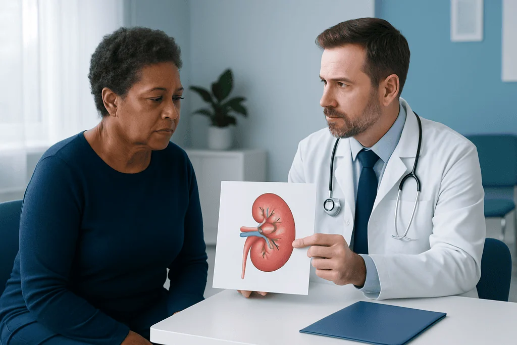 Doctor explaining kidney health to a patient with kidney diagram.