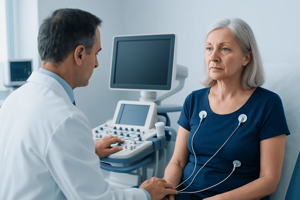 Doctor performs echocardiogram on senior woman in hospital.
