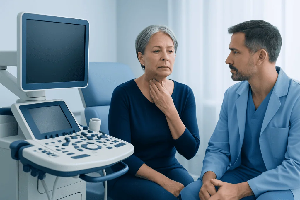 Doctor explaining symptoms to an older woman in a medical consultation room.