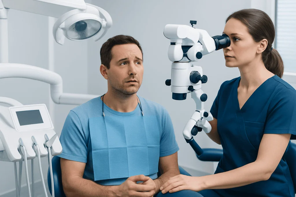 Dentist examining patient's mouth with a microscope in a dental clinic.