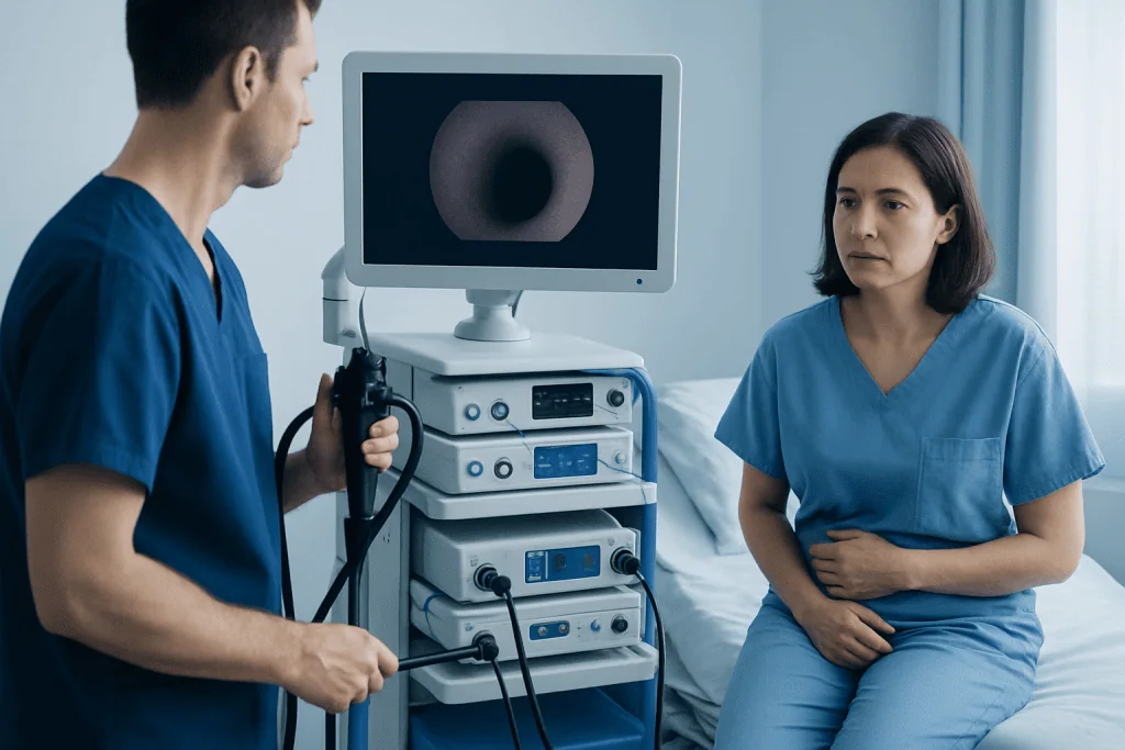 Doctor performing a colonoscopy on a female patient in a hospital room.