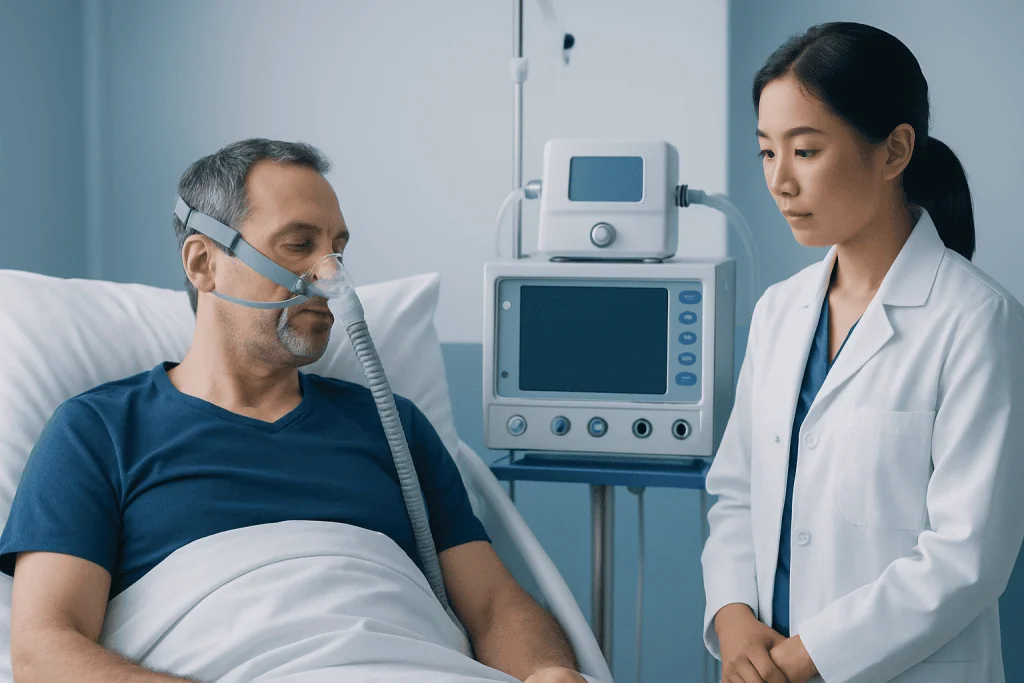 Patient with sleep apnea undergoing diagnosis with medical staff.