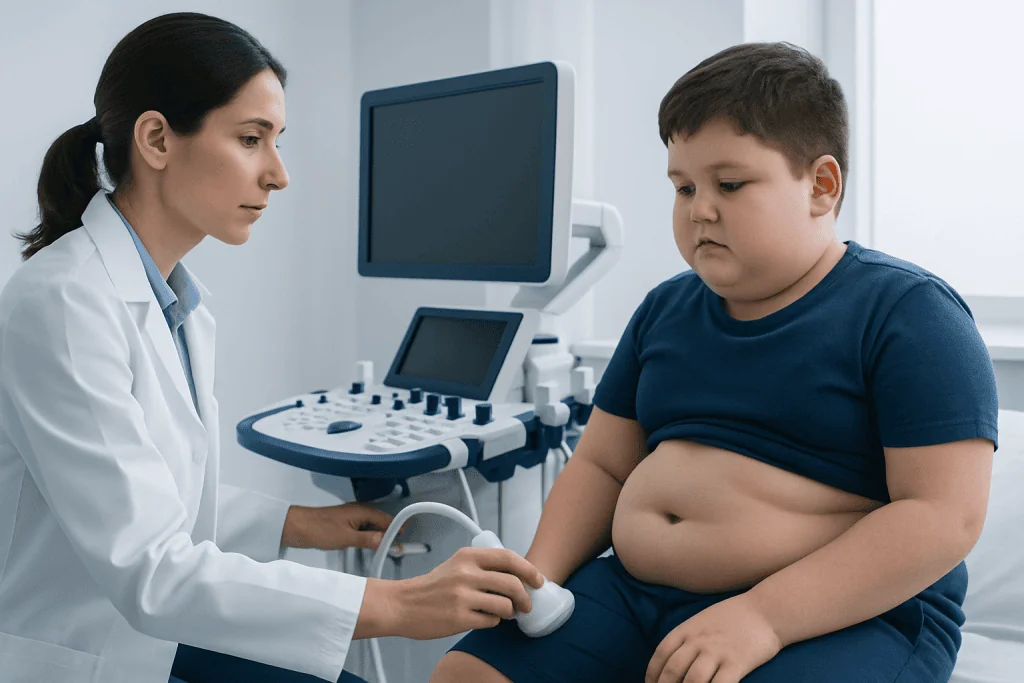 Pediatric doctor examining overweight boy with ultrasound in clinic.
