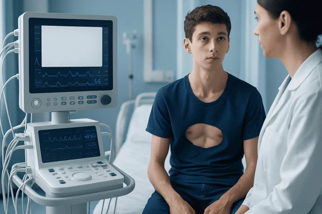 Young boy undergoing medical examination for chest wall condition at hospital.