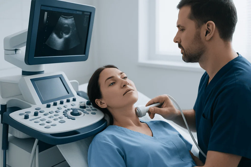 Doctor performing an ultrasound scan on a woman in a medical clinic.