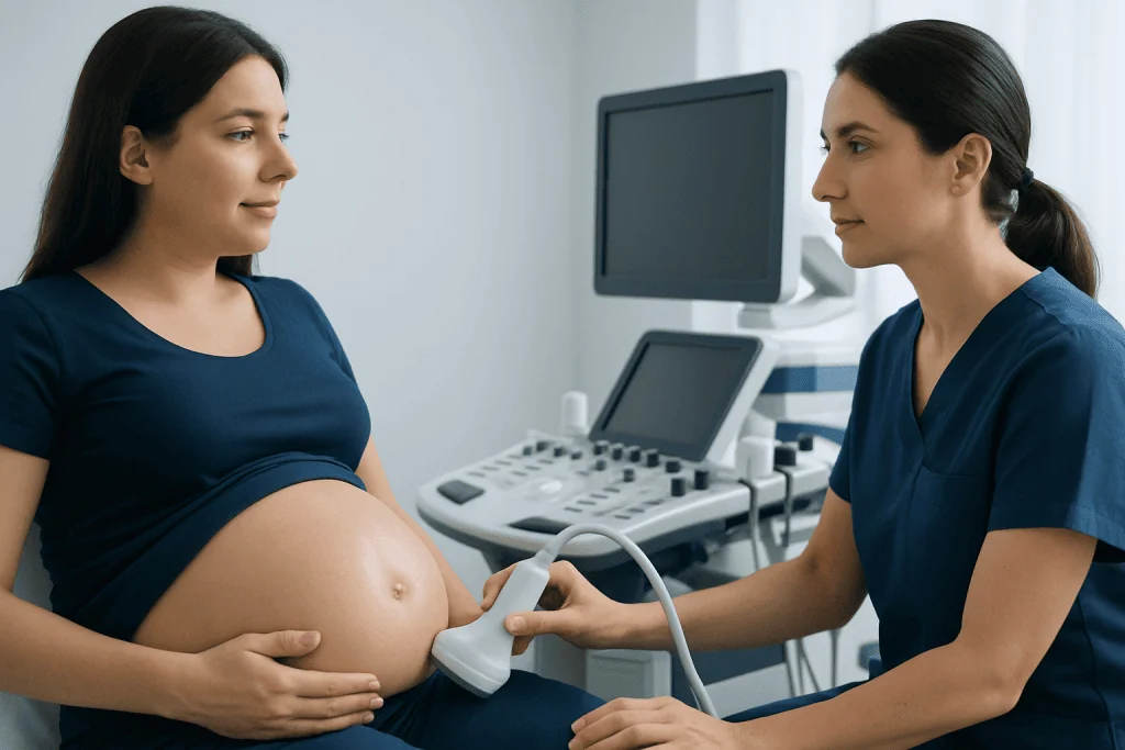 Pregnant woman undergoing ultrasound examination in a medical clinic.